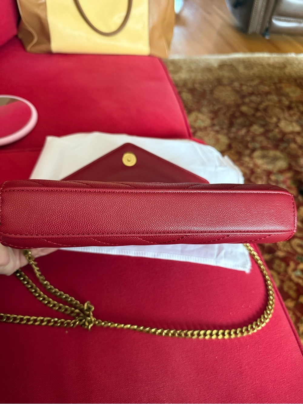 Yves Saint Lauren red leather clutch with gold chain. - Picture 5 of 7